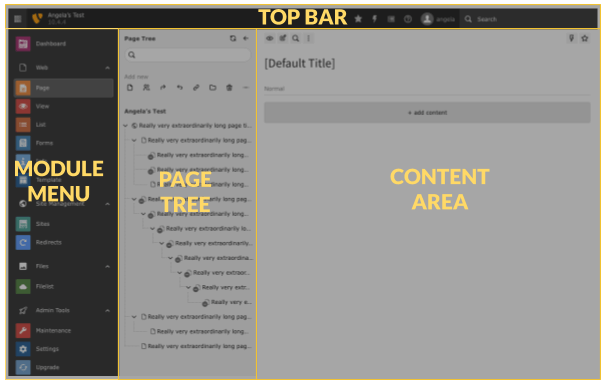 Dashboard interface displaying a module menu on the left, a page tree listing items, and a content area on the right labeled "[Default Title]" with an option to add content.