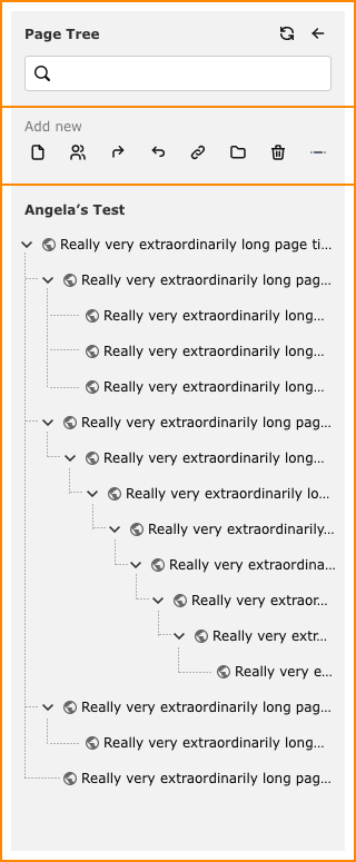 A sidebar titled "Page Tree" displays a search bar and options to add content. Below, a section labeled "Angela's Test" lists multiple entries with repetitive text indicating long page titles, organized in a hierarchical format.