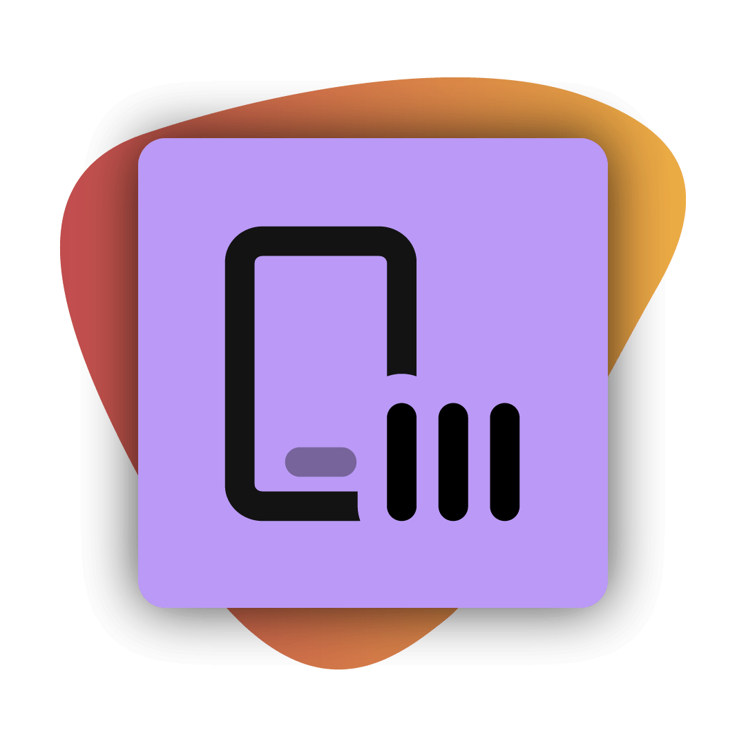A stylized smartphone icon with signal bars, set against a purple and orange gradient background.