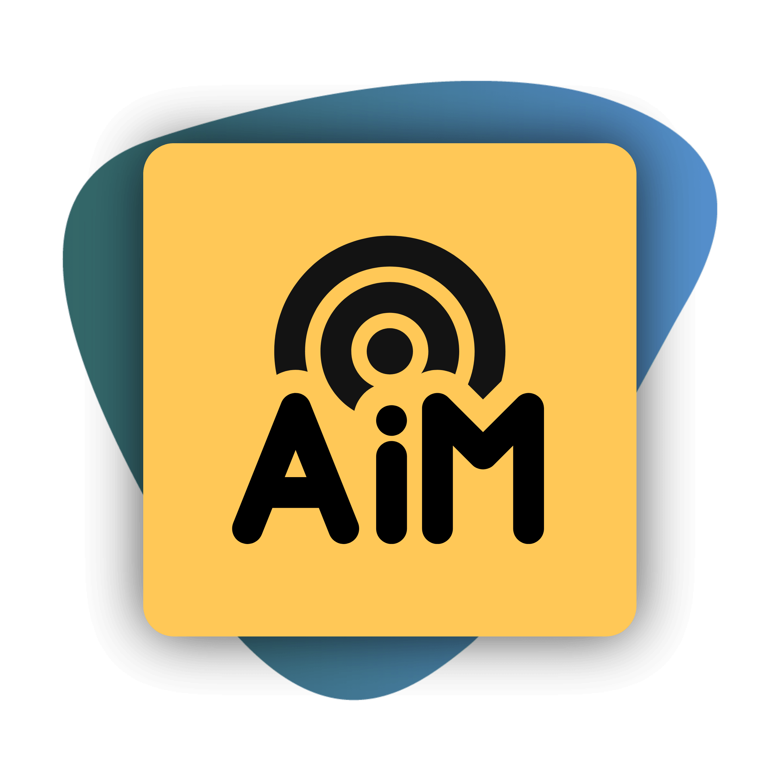 Logo featuring the letters "AiM" in bold, with a circular signal icon above, set against a yellow background with a blue accent.