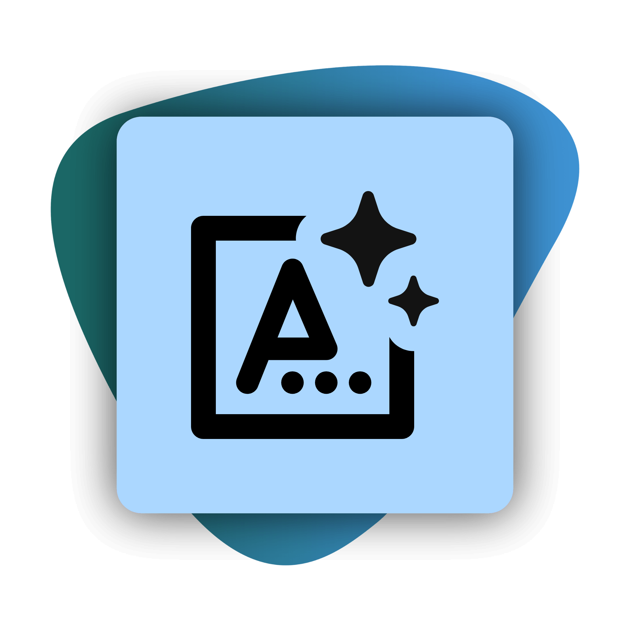 Black icon featuring a stylized letter "A" with sparkles, set against a light blue and green abstract background.