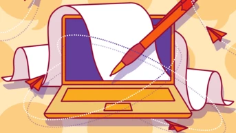 Ein Laptop mit einem leeren Bildschirm und einem Stift, umgeben von Papierfliegern und Papierrollen, die aus dem Laptop herausragen.