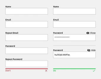 Form fields for user registration, including sections for name, email, and password with options to show or hide the password. Indicators for validation are shown, with a red "Don't" and a green "Do."