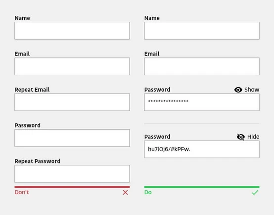 Form fields for user registration, including sections for name, email, and password with options to show or hide the password. Indicators for validation are shown, with a red "Don't" and a green "Do."