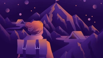 A person with a backpack stands facing a mountainous landscape under a starry sky, with tents visible in the foreground and a flag atop a peak in the distance.