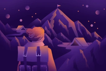 A person with a backpack stands facing a mountainous landscape under a starry sky, with tents visible in the foreground and a flag atop a peak in the distance.