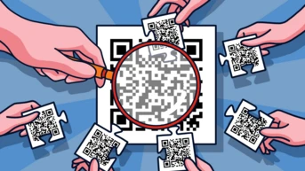 Mehrere Hände halten QR-Codes, während eine Hand mit einer Lupe einen größeren QR-Code in der Mitte untersucht.