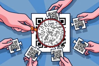 Multiple hands hold QR codes while one hand uses a magnifying glass to examine a larger QR code in the center.