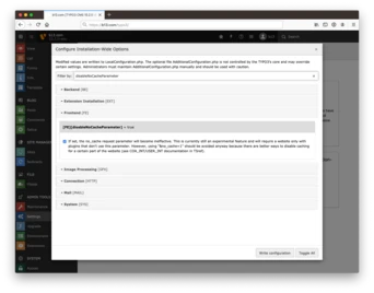 Configuration settings for a web application, highlighting options for cache parameters, extension installation, and system processing. The "EnableCacheParameter" option is set to true, indicating its experimental status.