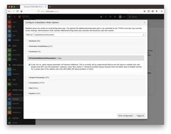 Configuration settings for a web application, highlighting options for cache parameters, extension installation, and system processing. The "EnableCacheParameter" option is set to true, indicating its experimental status.