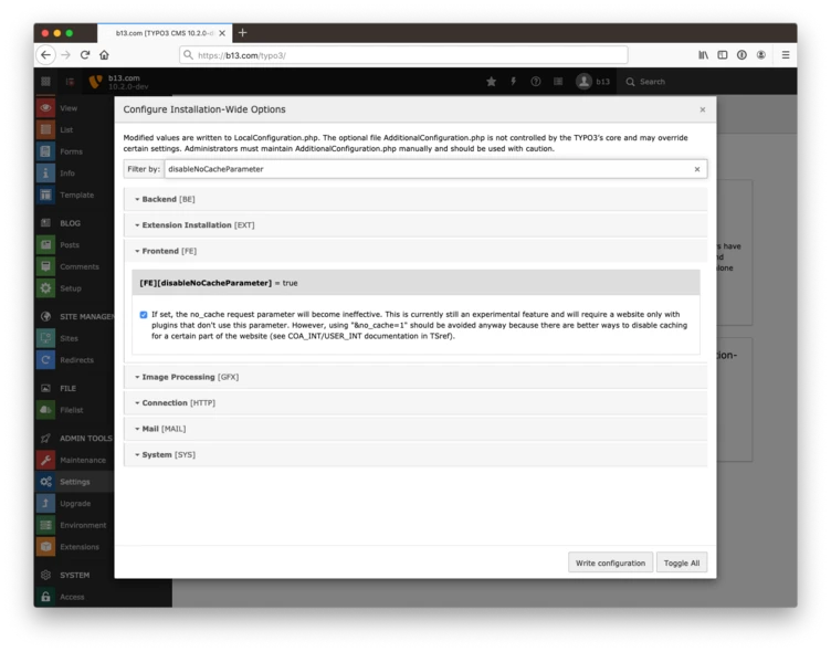 Configuration settings for a web application, highlighting options for cache parameters, extension installation, and system processing. The "EnableCacheParameter" option is set to true, indicating its experimental status.