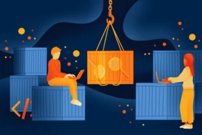 Two individuals work on laptops while seated on blue shipping containers. A large orange crate is suspended above them, with abstract shapes and dots in the background.