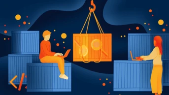 Two individuals work on laptops while seated on blue shipping containers. A large orange crate is suspended above them, with abstract shapes and dots in the background.