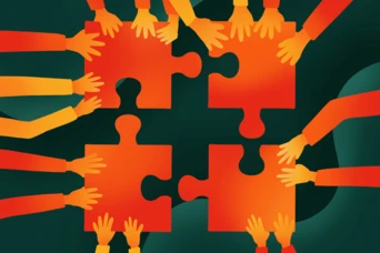 Multiple hands in various colors reach towards four interlocking puzzle pieces, symbolizing collaboration and teamwork. The puzzle pieces are orange and red, set against a dark green background.