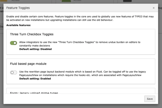 Settings panel displaying feature toggles for a software application. Options include enabling "Three Turn Checkbox Toggles" (default: disabled) and a "Fluid based page module" (default: enabled), with a save button at the bottom.