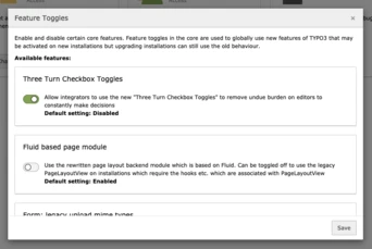 Settings panel displaying feature toggles for a software application. Options include enabling "Three Turn Checkbox Toggles" (default: disabled) and a "Fluid based page module" (default: enabled), with a save button at the bottom.