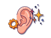 Illustration eines menschlichen Ohrs mit einem Zahnrad und Funken, das Hören und Technologie symbolisiert.