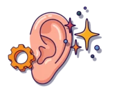 Illustration of a human ear with a gear and sparkles, symbolizing hearing and technology.