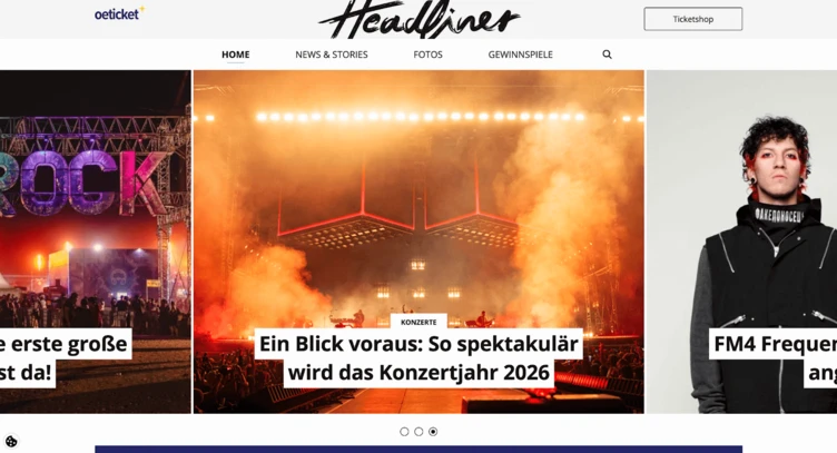 Concert stage illuminated with bright lights and smoke, featuring a headline about upcoming concerts in 2026.