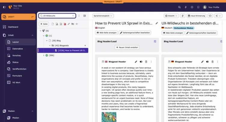 Dashboard interface displaying a blog post titled "How to Prevent UX Sprawl in Existing Systems" with options for language selection and editing features.