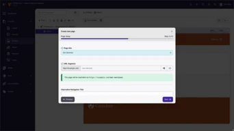 Benutzeroberfläche zur Erstellung von Webseiten, die Felder für den Seitentitel, den URL-Segment und den alternativen Navigationstitel anzeigt, mit einer Fortschrittsanzeige oben.