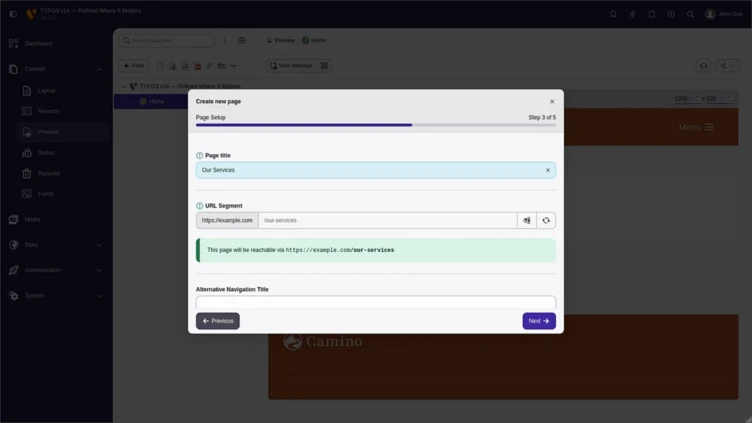 Web page creation interface displaying fields for page title, URL segment, and alternative navigation title, with a progress bar at the top.
