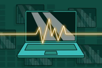 A teal laptop displays a yellow heartbeat line across the screen, with abstract graphs in the background, suggesting data analysis or monitoring.