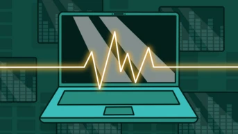A teal laptop displays a yellow heartbeat line across the screen, with abstract graphs in the background, suggesting data analysis or monitoring.