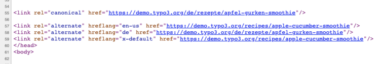 TYPO3 hreflang tags showing the URL of the same page in different languages