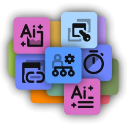 A collection of colorful square icons representing various design and productivity tools, including image editing, automation, and organization features.