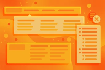 Abstract design featuring various rectangular shapes and lists in shades of orange, with some elements appearing semi-transparent. The layout suggests a digital interface or dashboard.