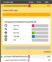 Performance metrics for the function `Composer\Autoload\includeFile`, showing 292 calls, execution time of 22.2 ms, memory usage of 1.22 MB, and details on related function calls.