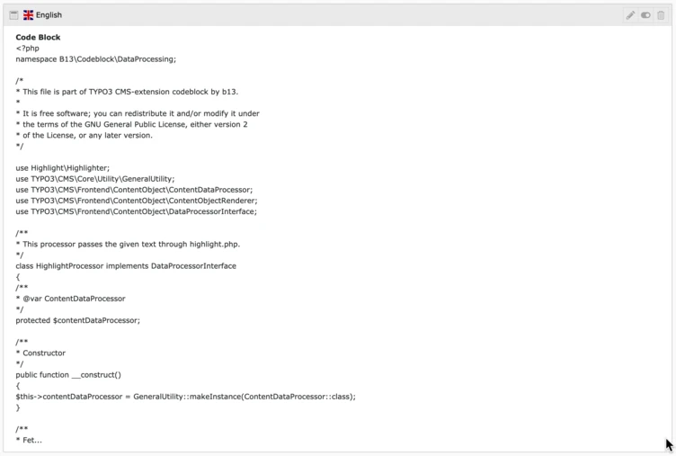 PHP code snippet for a TYPO3 CMS extension, defining a class `HighlightProcessor` that implements the `DataProcessorInterface`. The code includes a constructor and references to utility classes for processing content data.