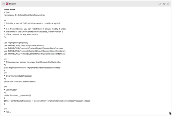 PHP code snippet for a TYPO3 CMS extension, defining a class `HighlightProcessor` that implements the `DataProcessorInterface`. The code includes a constructor and references to utility classes for processing content data.