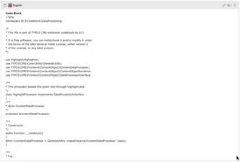 PHP code snippet for a TYPO3 CMS extension, defining a class `HighlightProcessor` that implements the `DataProcessorInterface`. The code includes a constructor and references to utility classes for processing content data.