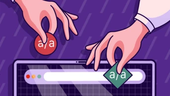 Two hands are adjusting colored tokens labeled "a/a" on a digital interface, with a search bar prominently displayed. The background features a purple color with subtle patterns.
