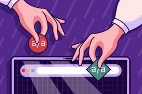 Two hands are adjusting colored tokens labeled "a/a" on a digital interface, with a search bar prominently displayed. The background features a purple color with subtle patterns.