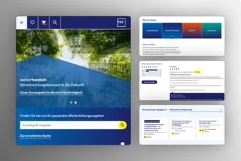 Website interface featuring a course search bar, navigation options, and sections on sustainability education in German.