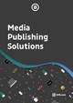 Text reads "Media Publishing Solutions" on a dark background, with a colorful pattern of various icons related to technology and media, including laptops, coffee cups, and plants. The website "b13.com" is also visible.