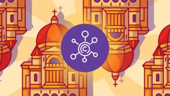 Stilisierte Illustration einer Kirche mit Kuppeln, die ein zentrales Urheberrechtssymbol zeigt, umgeben von miteinander verbundenen Knoten.
