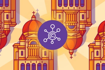 Stilisierte Illustration einer Kirche mit Kuppeln, die ein zentrales Urheberrechtssymbol zeigt, umgeben von miteinander verbundenen Knoten.