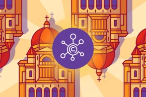 Stylized illustration of a church with domes, featuring a central copyright symbol surrounded by interconnected nodes.