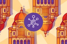 Stylized illustration of a church with domes, featuring a central copyright symbol surrounded by interconnected nodes.