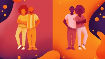 Two pairs of stylized figures stand side by side against a colorful abstract background. The left pair features a man and woman with curly hair, while the right pair includes another man and woman, both with different hairstyles.