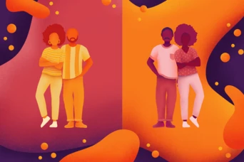 Two pairs of stylized figures stand side by side against a colorful abstract background. The left pair features a man and woman with curly hair, while the right pair includes another man and woman, both with different hairstyles.