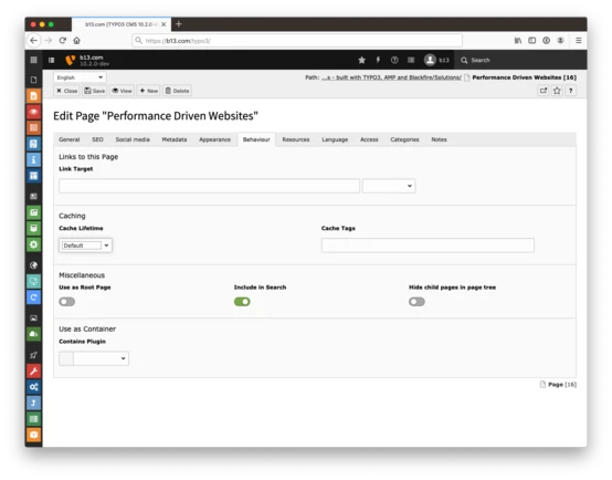 Editing interface for a webpage titled "Performance Driven Websites," displaying options for links, caching settings, and miscellaneous settings. The layout includes sections for SEO, metadata, and appearance adjustments.