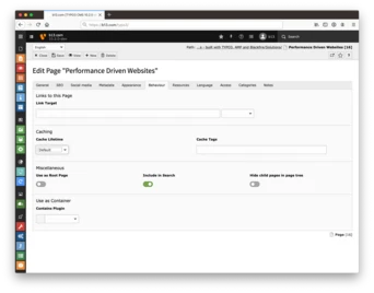 Editing interface for a webpage titled "Performance Driven Websites," displaying options for links, caching settings, and miscellaneous settings. The layout includes sections for SEO, metadata, and appearance adjustments.