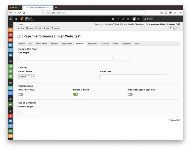 Editing interface for a webpage titled "Performance Driven Websites," displaying options for links, caching settings, and miscellaneous settings. The layout includes sections for SEO, metadata, and appearance adjustments.