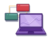 Laptop displaying a graph with two colored blocks connected by lines, representing data flow or network connections.