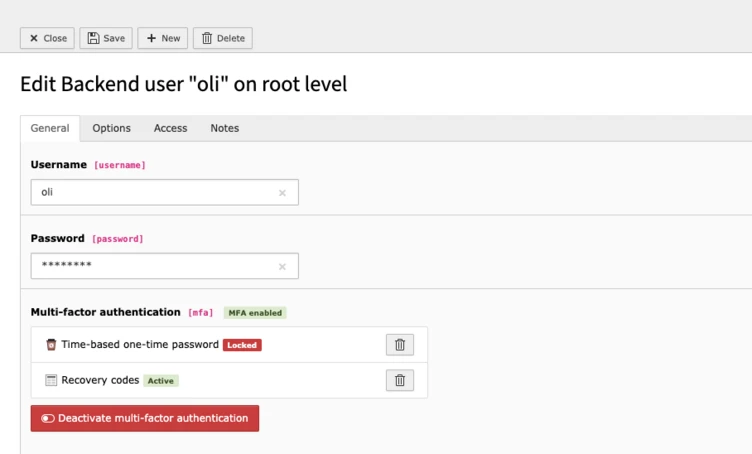 MFA administration in the user record